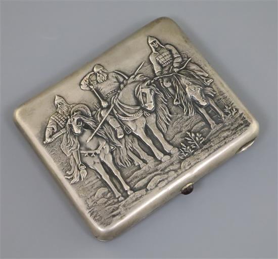 A 20th century Russian 875 silver cigarette case, embossed with three horsemen, gross 174 grams.